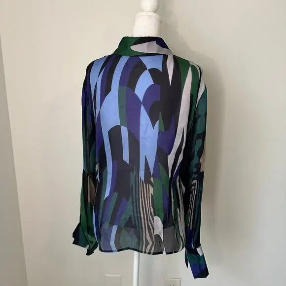 Feraud black, green, blue & purple button down silk top size 44 - Picture 4 of 11